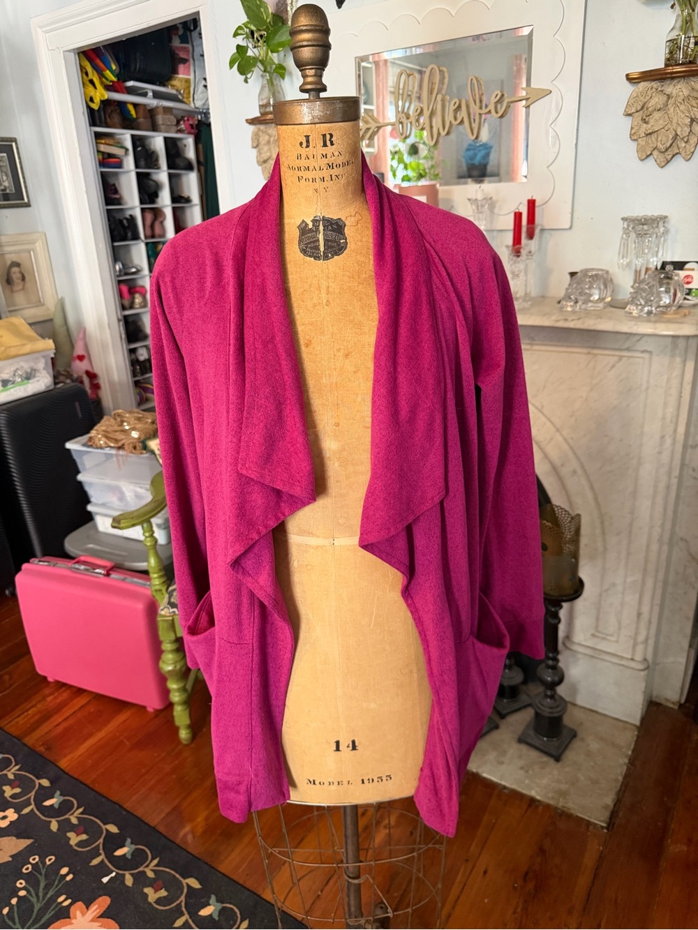 Jones New York Magenta Draped Open-Front Cardigan
